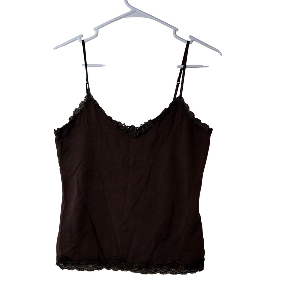 Vintage 90s Y2K Nine & Company Lace Trim Camisole Size S Brown Stretchy Layering